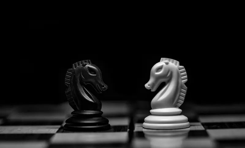 Dois cavalos de xadrez, um preto e um branco, frente a frente sobre o tabuleiro