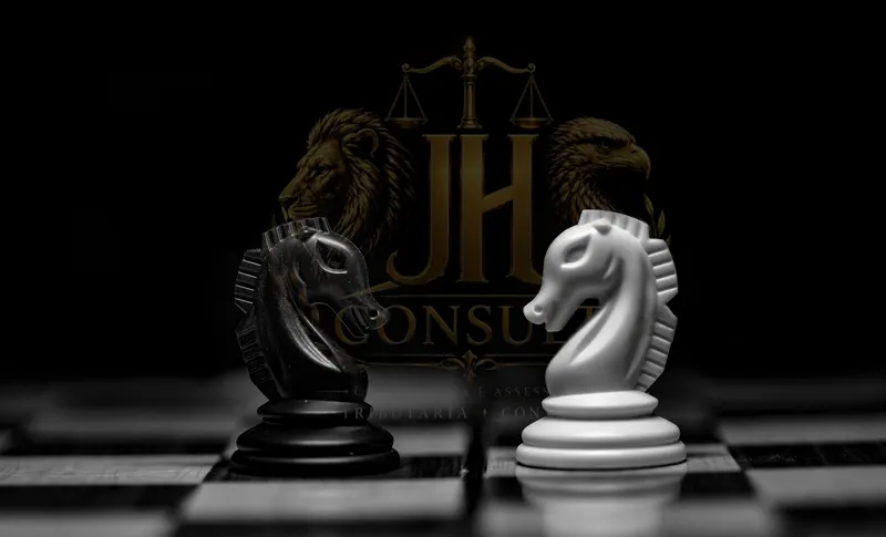 Dois cavalos de xadrez, um preto e um branco, frente a frente sobre o tabuleiro, com a logomarca da JH Consult apagada ao fundo